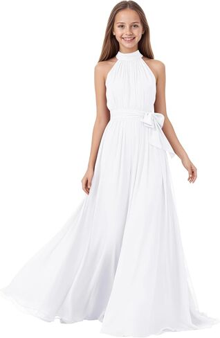 Junior Bridesmaid Dresses Halter Chiffon - Sleeveless Flower Girl Dress Bow Belt Long Pageant Party Gowns in Saudi Arabia