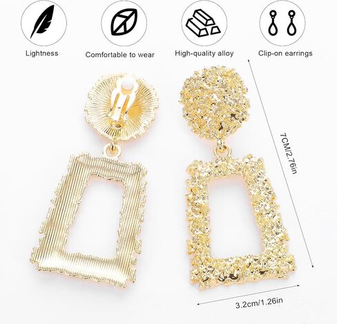 Clip on Earrings for Women, Big Statement Geometric Earrings Large Shiny Drop Dangle Earrings Non Pierced (Gold/Silver/Hot Pink) in Kuwait