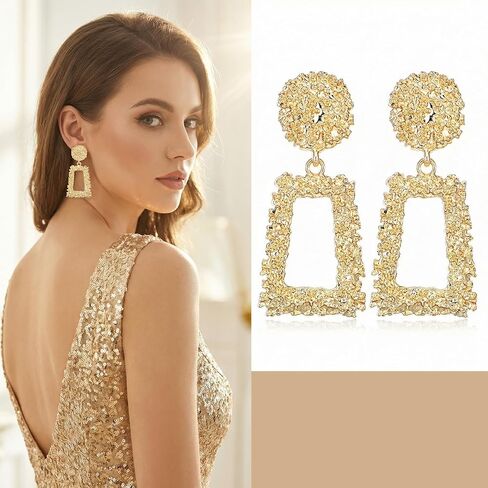 Clip on Earrings for Women, Big Statement Geometric Earrings Large Shiny Drop Dangle Earrings Non Pierced (Gold/Silver/Hot Pink) in Kuwait