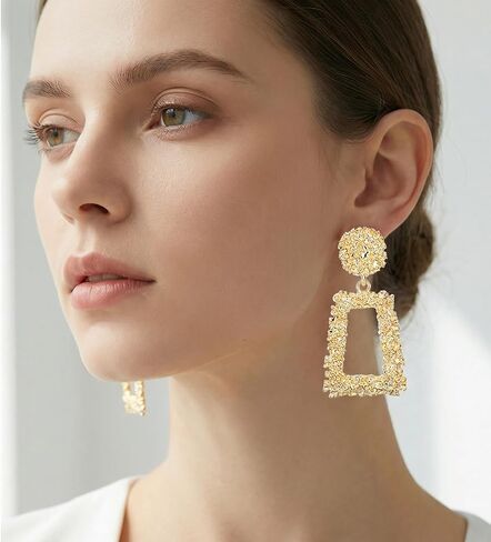 Clip on Earrings for Women, Big Statement Geometric Earrings Large Shiny Drop Dangle Earrings Non Pierced (Gold/Silver/Hot Pink) in Kuwait