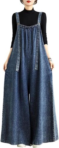 Women's Loose Fit Denim Overalls Baggy Wide Leg Jumpsuit with Adjustable Straps Casual Plus Size Palazzo Pants in Saudi Arabia
