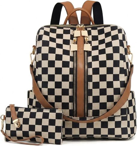 Checkered Backpack Purse for Women, Plaid Back Pack Handbag with Wallet for Travel Work, Large Capacity Canvas Shoulder Bag in Saudi Arabia