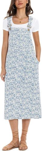 D-Sun Women Denim Overall Dress Sleeveless Casual Floral Printed Mid Adjustable Strap Bib Jean Dress with Pockets Slit in Saudi Arabia