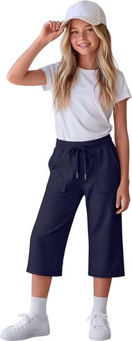 Girls Capri Pants Drawstring Straight Leg Active Cropped Sweatpants with Pockets Kid Summer Casual Basic Pants in Kuwait