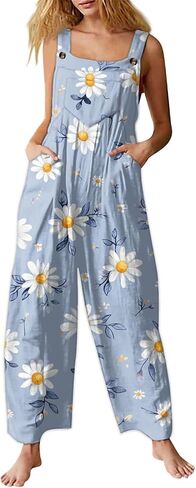 NAMTYQX Linen Overalls for Women Plus Size Fit Casual Floral Printed Linen Jumpsuits High Waist Wide Adjustable Bib Overall in Saudi Arabia