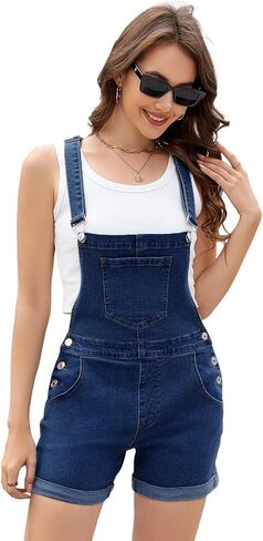 LONGYIDA Women's Shorts Denim Overalls Adjustable Strap Cuffed Hem Casual Shortalls in Saudi Arabia