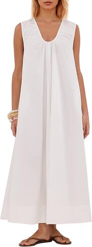 Women Sleeveless Ruched Maxi Dress Scoop Neck Long Elegant Dresses Wide Shoulder Strap Blouse Dress with Side Pockets in Saudi Arabia