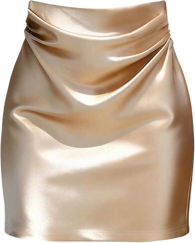 GORGLITTER Women's Silk Satin Mini Skirt Ruched High Waist Elegant Dressy Cocktail Evening Bodycon Skirts in Kuwait