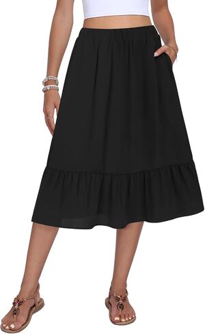 Women's High Waist Tiered Skirt Midi Flowy A-Line Casual Skirts Below Knee with Pockets in Saudi Arabia