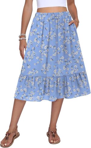 Women's High Waist Tiered Skirt Midi Flowy A-Line Casual Skirts Below Knee with Pockets in Saudi Arabia