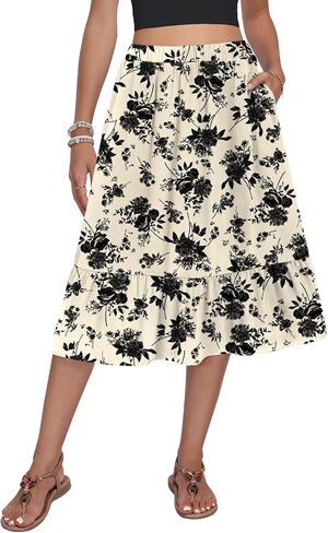 Women's High Waist Tiered Skirt Midi Flowy A-Line Casual Skirts Below Knee with Pockets in Saudi Arabia