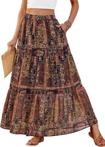 DJT FASHION Womens Boho Maxi Skirt Chiffon Flowy A Line Tiered Casual Long Skirts with Pockets for Summer Beach Vacation in Saudi Arabia