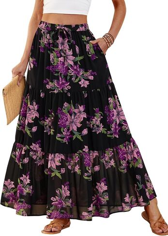 DJT FASHION Womens Boho Maxi Skirt Chiffon Flowy A Line Tiered Casual Long Skirts with Pockets for Summer Beach Vacation in Saudi Arabia
