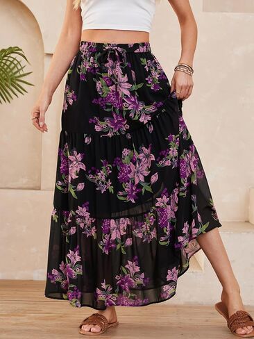 DJT FASHION Womens Boho Maxi Skirt Chiffon Flowy A Line Tiered Casual Long Skirts with Pockets for Summer Beach Vacation in Saudi Arabia