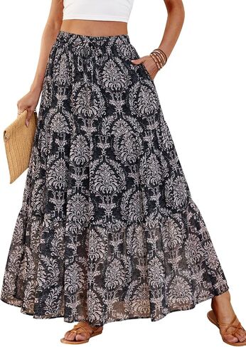 DJT FASHION Womens Boho Maxi Skirt Chiffon Flowy A Line Tiered Casual Long Skirts with Pockets for Summer Beach Vacation in Saudi Arabia