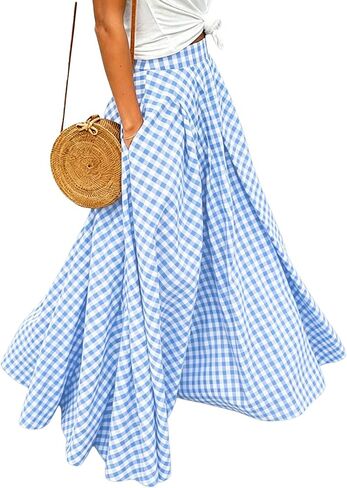 HOTIAN Women's Plaid Gingham Maxi Skirt High Waisted Flowy A-Line Ruffled Pleated Flared Swing Long Skirt in Kuwait