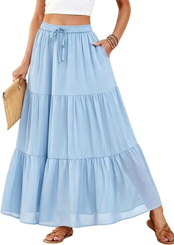 DJT FASHION Womens Boho Maxi Skirt Chiffon Flowy A Line Tiered Casual Long Skirts with Pockets for Summer Beach Vacation in Saudi Arabia