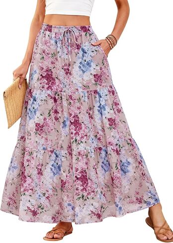 DJT FASHION Womens Boho Maxi Skirt Chiffon Flowy A Line Tiered Casual Long Skirts with Pockets for Summer Beach Vacation in Saudi Arabia