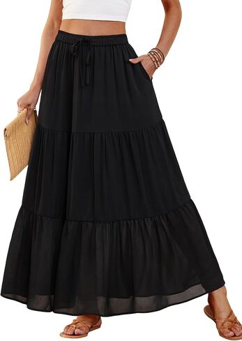 DJT FASHION Womens Boho Maxi Skirt Chiffon Flowy A Line Tiered Casual Long Skirts with Pockets for Summer Beach Vacation in Saudi Arabia
