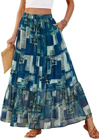 DJT FASHION Womens Boho Maxi Skirt Chiffon Flowy A Line Tiered Casual Long Skirts with Pockets for Summer Beach Vacation in Saudi Arabia