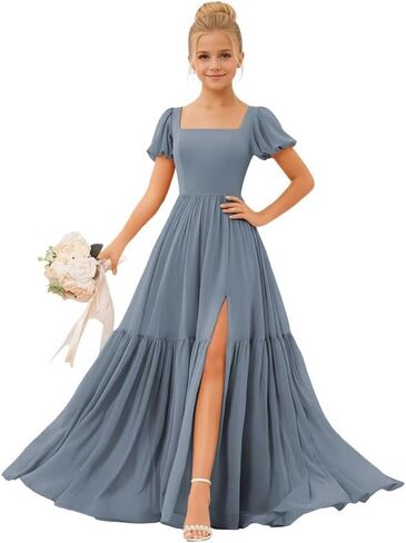 Puff Sleeve Junior Bridesmaid Dress Square Neck Chiffon Flower Girls Dress Long Princess Dress for Girls 2-16 Years in Kuwait