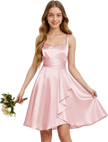 TAISHAN Junior Bridesmaid Dresses Short Satin Flower Girl Dress Spaghetti Strap Ruffle Formal Prom Party Dress for Girls in Saudi Arabia