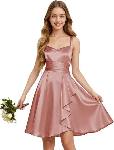TAISHAN Junior Bridesmaid Dresses Short Satin Flower Girl Dress Spaghetti Strap Ruffle Formal Prom Party Dress for Girls in Saudi Arabia