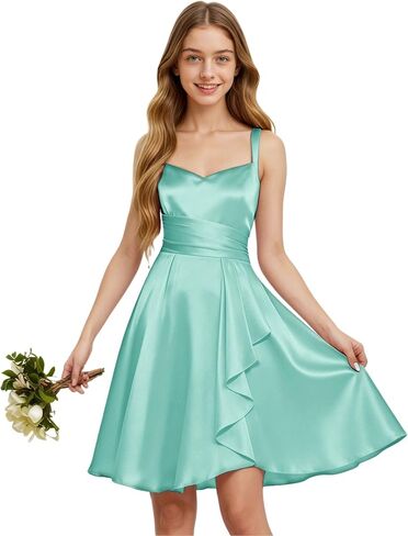 TAISHAN Junior Bridesmaid Dresses Short Satin Flower Girl Dress Spaghetti Strap Ruffle Formal Prom Party Dress for Girls in Saudi Arabia