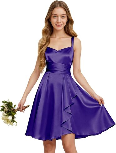 TAISHAN Junior Bridesmaid Dresses Short Satin Flower Girl Dress Spaghetti Strap Ruffle Formal Prom Party Dress for Girls in Saudi Arabia