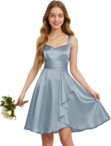TAISHAN Junior Bridesmaid Dresses Short Satin Flower Girl Dress Spaghetti Strap Ruffle Formal Prom Party Dress for Girls in Saudi Arabia