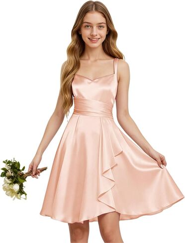 TAISHAN Junior Bridesmaid Dresses Short Satin Flower Girl Dress Spaghetti Strap Ruffle Formal Prom Party Dress for Girls in Saudi Arabia