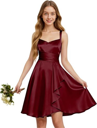 TAISHAN Junior Bridesmaid Dresses Short Satin Flower Girl Dress Spaghetti Strap Ruffle Formal Prom Party Dress for Girls in Saudi Arabia