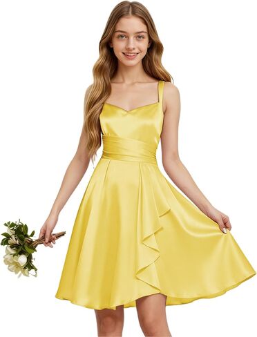 TAISHAN Junior Bridesmaid Dresses Short Satin Flower Girl Dress Spaghetti Strap Ruffle Formal Prom Party Dress for Girls in Saudi Arabia