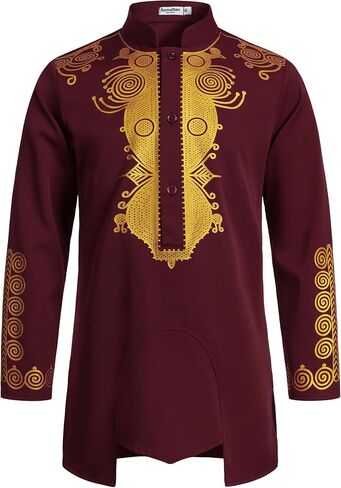 LucMatton Boy's African Dashiki Mid-Length Tunic Long Sleeve Shirt with Metallic Foil Stamping and Mandarin Collar in Kuwait