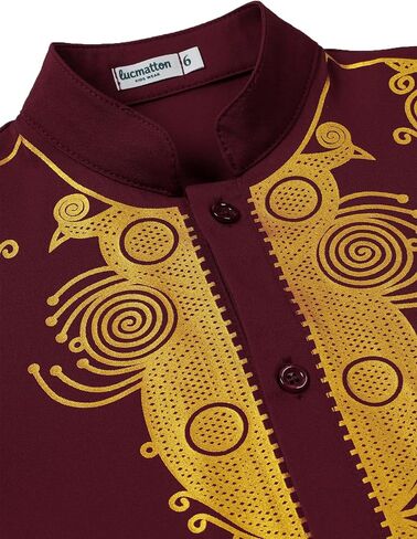 LucMatton Boy's African Dashiki Mid-Length Tunic Long Sleeve Shirt with Metallic Foil Stamping and Mandarin Collar in Kuwait