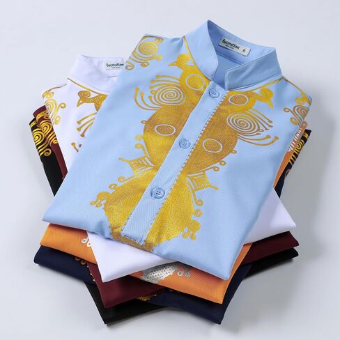 LucMatton Boy's African Dashiki Mid-Length Tunic Long Sleeve Shirt with Metallic Foil Stamping and Mandarin Collar in Kuwait