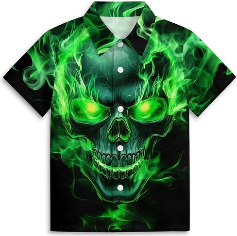 Green Flame Skull Boys Hawaiian Shirts Novelty Printed Funky Short Sleeve Button Down Shirt Kids Aloha Luau Shirt 3-14 Years in Saudi Arabia