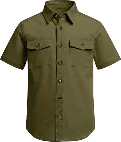 Boys Button Down Shirt Short Sleeve 100% Cotton Casual Button Up Shirt with Flip-Top Double Pockets (6-14 Years) in Saudi Arabia