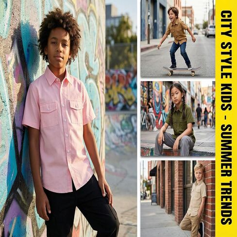 Boys Button Down Shirt Short Sleeve 100% Cotton Casual Button Up Shirt with Flip-Top Double Pockets (6-14 Years) in Saudi Arabia