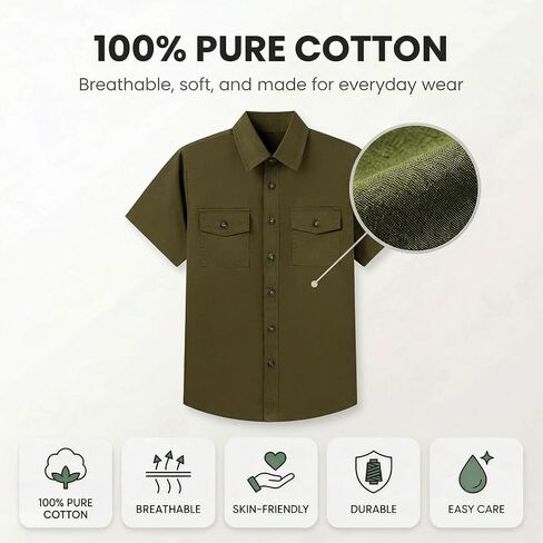Boys Button Down Shirt Short Sleeve 100% Cotton Casual Button Up Shirt with Flip-Top Double Pockets (6-14 Years) in Saudi Arabia