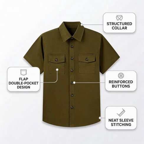 Boys Button Down Shirt Short Sleeve 100% Cotton Casual Button Up Shirt with Flip-Top Double Pockets (6-14 Years) in Saudi Arabia