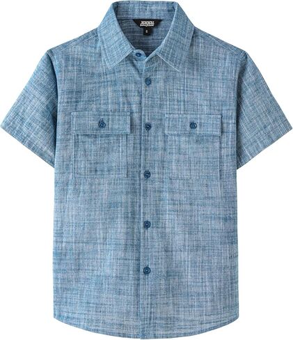قميص JOGAL Boys Chambray بأزرار سفلية وأكمام قصيرة، قمصان قطنية كاجوال مع جيب على الصدر in Kuwait