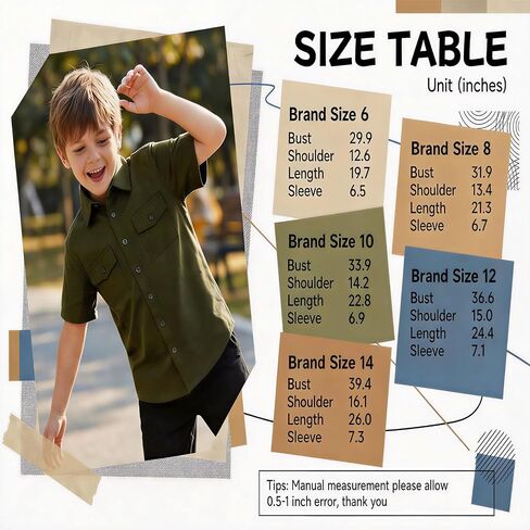 Boys Button Down Shirt Short Sleeve 100% Cotton Casual Button Up Shirt with Flip-Top Double Pockets (6-14 Years) in Saudi Arabia