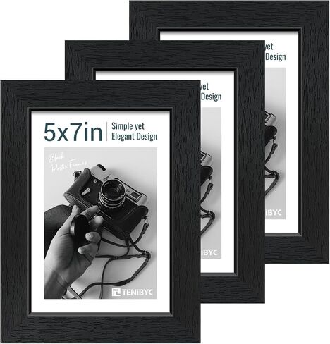إطار صور مقاس 5×7 مكون من 3 قطع - حبيبات خشبية سوداء، خشب صلب وزجاج مقسى عالي الدقة، عرض طاولة أو تعليق على الحائط in Kuwait