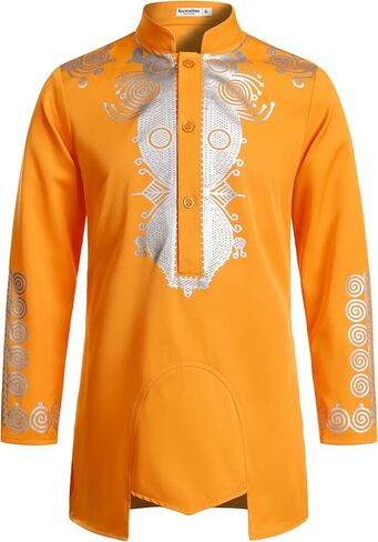 LucMatton Boy's African Dashiki Mid-Length Tunic Long Sleeve Shirt with Metallic Foil Stamping and Mandarin Collar in Kuwait