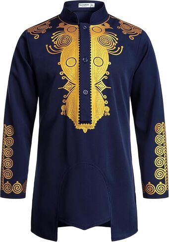 LucMatton Boy's African Dashiki Mid-Length Tunic Long Sleeve Shirt with Metallic Foil Stamping and Mandarin Collar in Kuwait