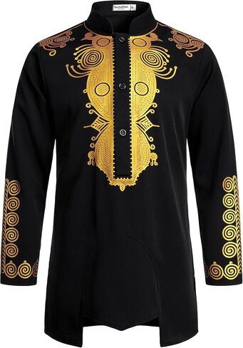 LucMatton Boy's African Dashiki Mid-Length Tunic Long Sleeve Shirt with Metallic Foil Stamping and Mandarin Collar in Kuwait
