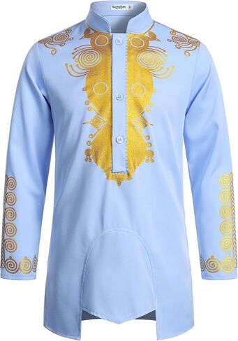 LucMatton Boy's African Dashiki Mid-Length Tunic Long Sleeve Shirt with Metallic Foil Stamping and Mandarin Collar in Kuwait