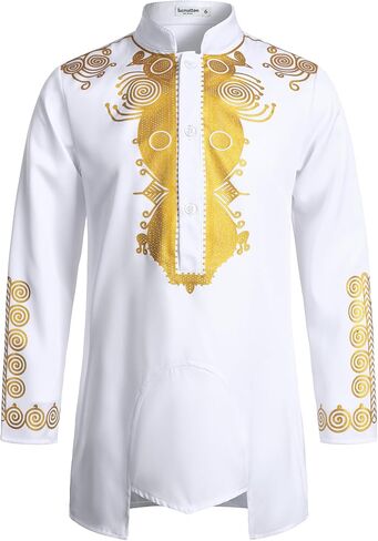LucMatton Boy's African Dashiki Mid-Length Tunic Long Sleeve Shirt with Metallic Foil Stamping and Mandarin Collar in Kuwait
