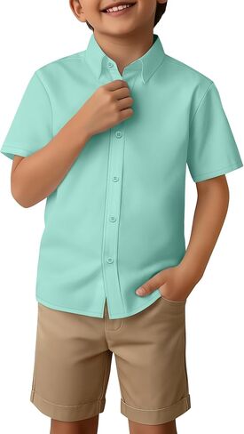 Boys Short Sleeve Dress Shirt Kids Button Down Shirt Collared Solid School Uniform Summer Casual Blouse 6-14 Years in Kuwait